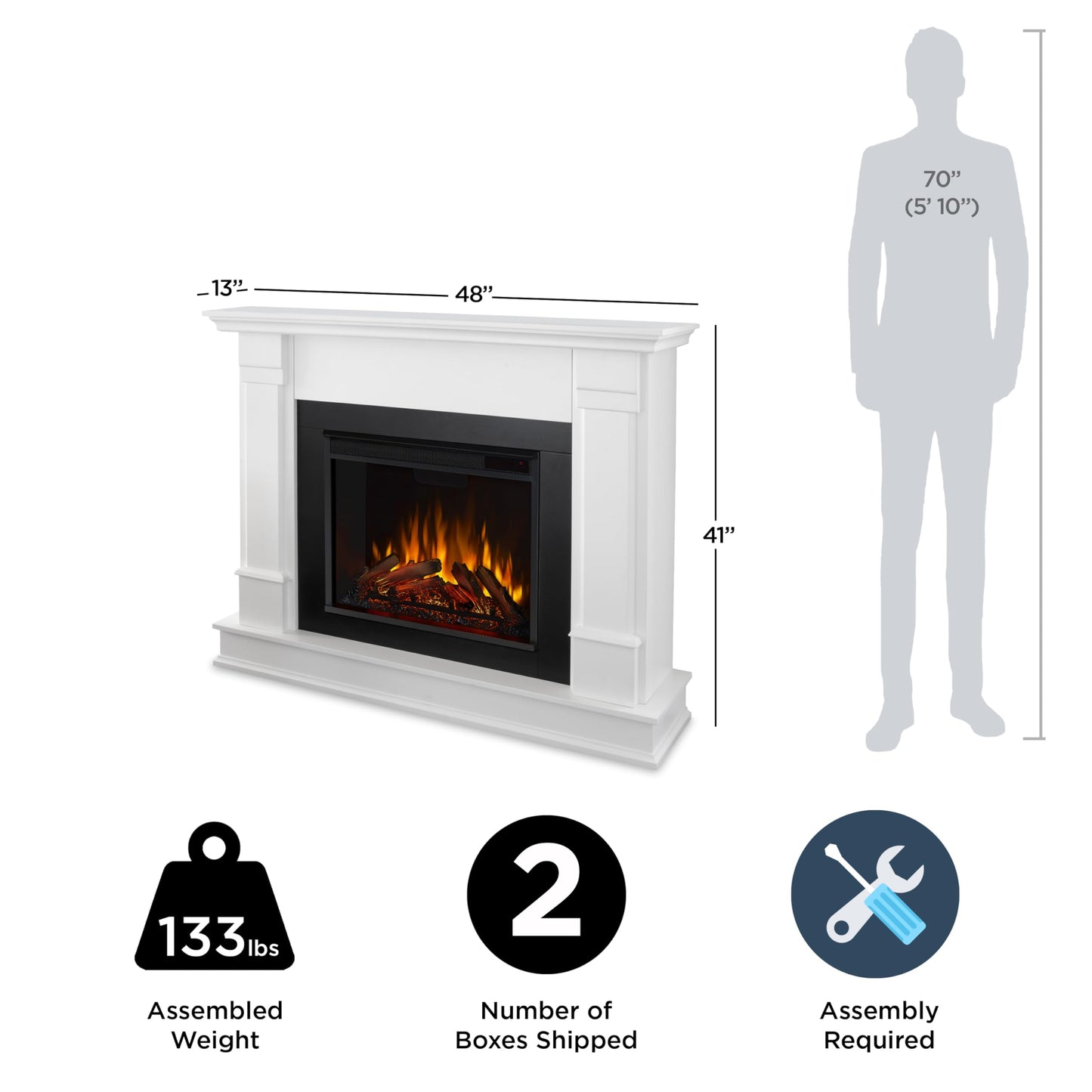 Real Flame Silverton 48” Electric Fireplace with Mantel for Living Room or Bedroom, Replaceable Fireplace Insert Heater, Realistic Log and Flame Effect, Remote Control, Timer, White