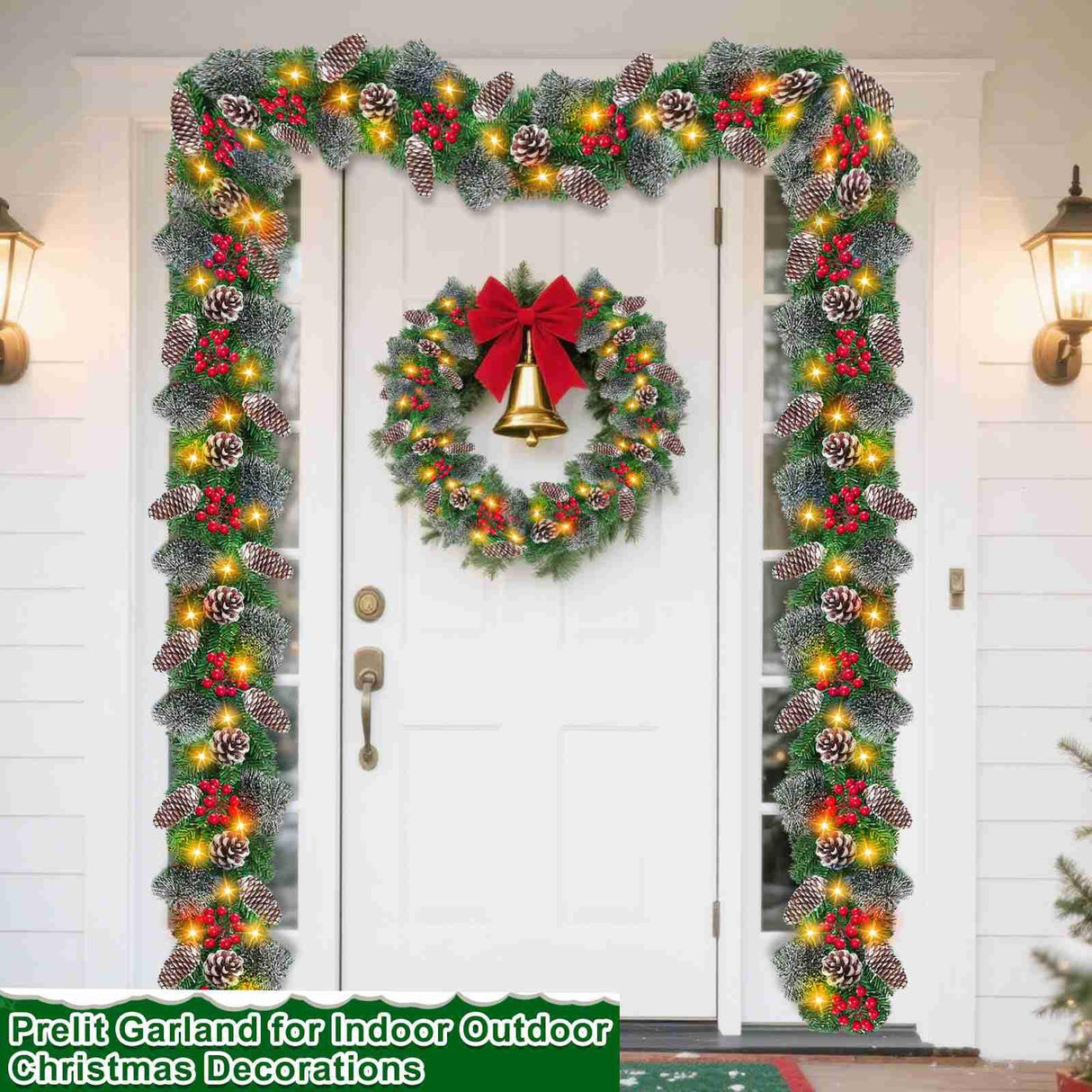 Auto Timer & 8 Modes 9Ft by 10 Inch 50 LED Prelit Christmas Garland Decorations Warm Lights Thick 270 Lifelike Snowy Tips 70 Red Berries 10 Pinecones Xmas Garland Fireplace Door Stairs Home Outdoor Camlinbo