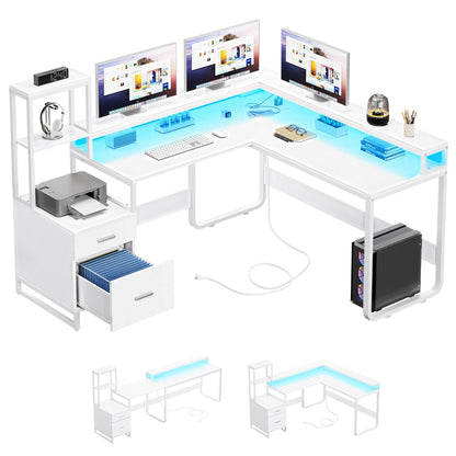 YITAHOME L Shaped Desk with Power Outlets & LED Lights, Reversible Computer Desk with Drawers & Hutch, Corner Desk Office Desk with Monitor Stand, Printer Stand, 2 Person Desk, White - WoodArtSupply