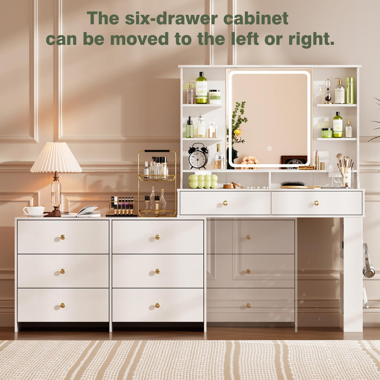 YYJ 74.8''Makeup Vanity Desk with Large Mirror and Lights&Charging Station,Modern Corner Vanity Table with 8 Storage Drawers and Shelves,Dressing Table with nightstand,Makeup Table for Bedroom,White YYJ