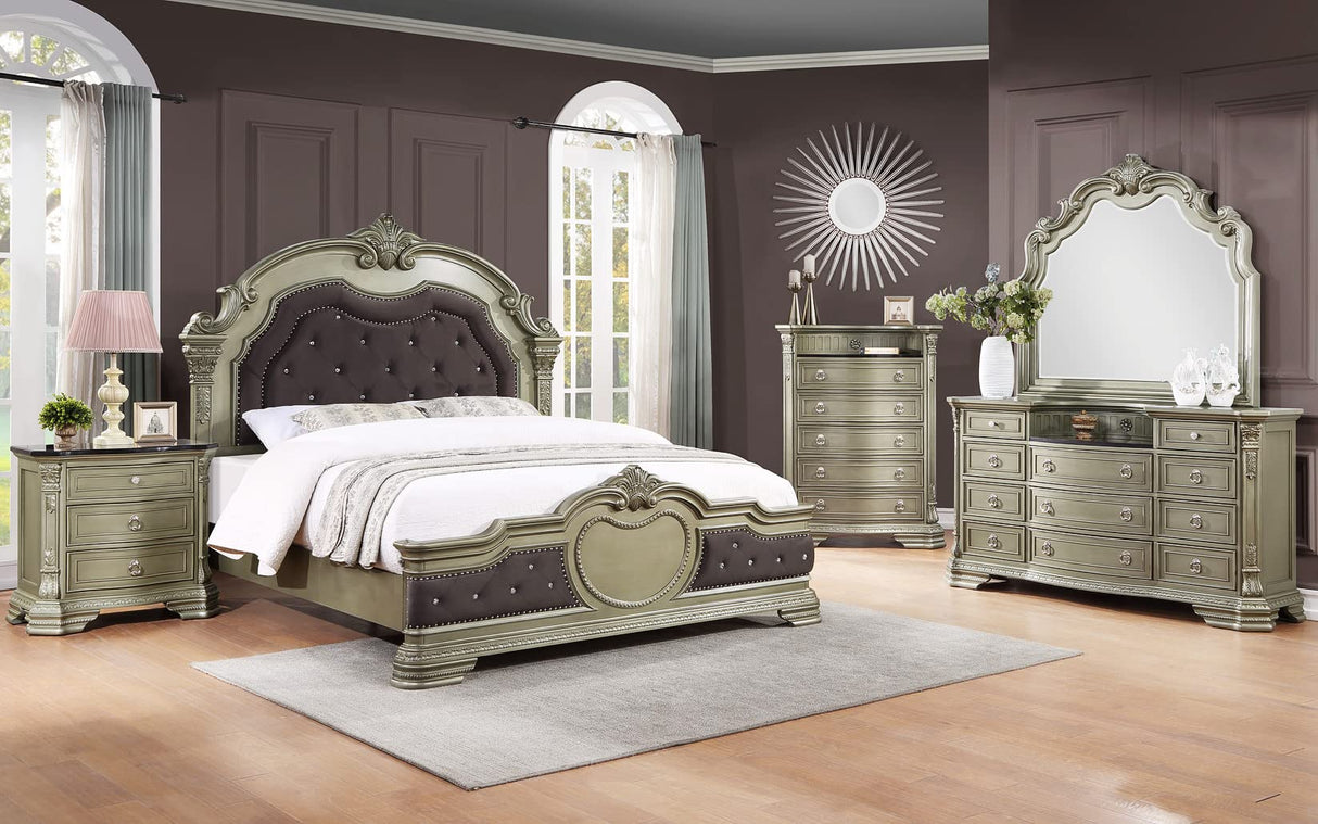 GTU Furniture Upholstered Panel 5PC Solid Wood Queen Bedroom Set Include Queen Bed, Dresser, Mirror, Chest, Nightstand in Jungle Green/Silver (5PC Queen Set) GTU Furniture