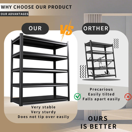 2 Pack Garage Shelving Heavy Duty Storage Shelves 3000LBS Adjustable Garage Shelves 5 Tier Metal Shelving Unit Utility Rack Shelf for Storage Kitchen Warehouse Pantry, Black,72" H x 59" W x 20" D AOJUFEO