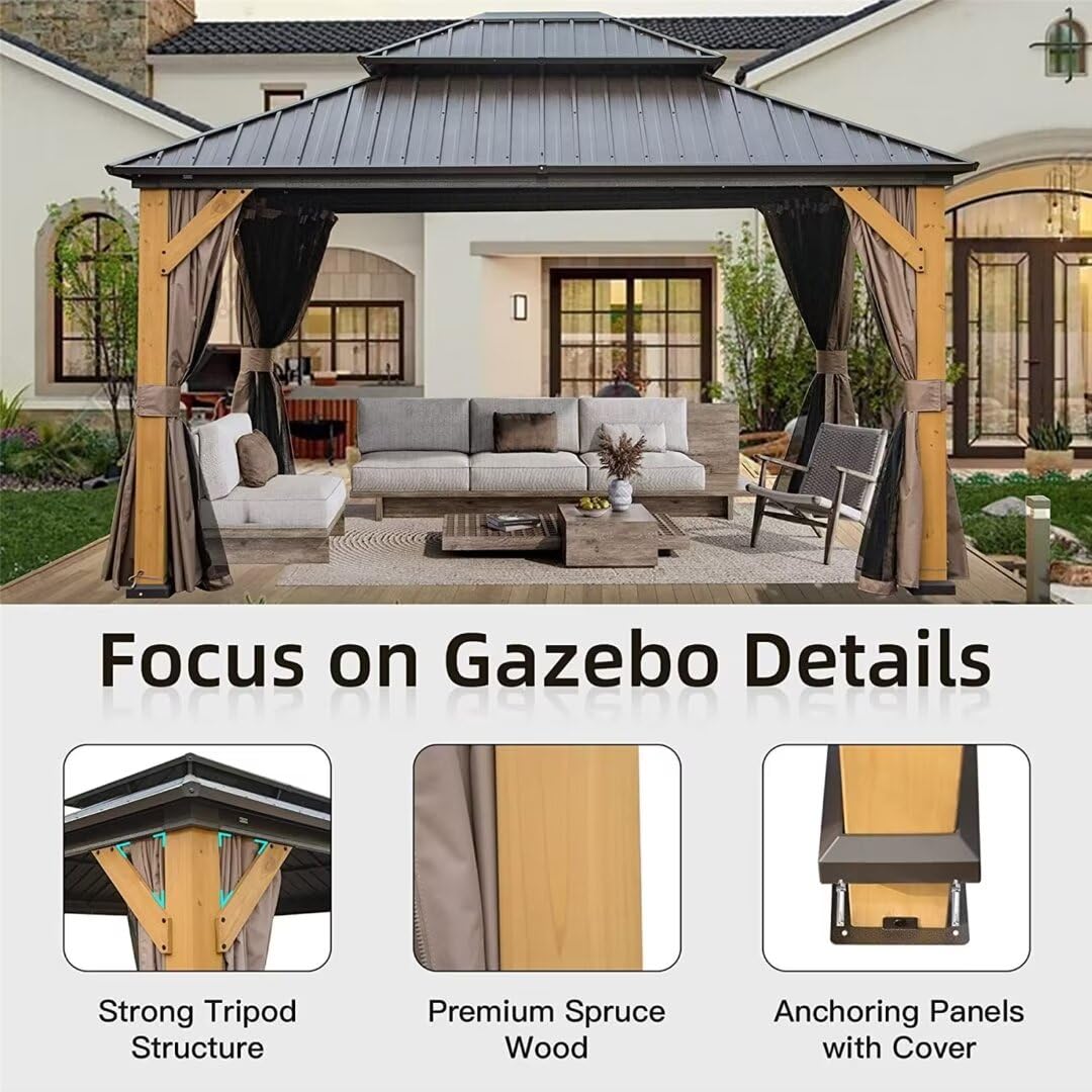 LPP-AWH 12'x14' Hardtop Gazebo with Cedar Wood Frame,Galvanized Steel Double Roof Gazebo Pavilion with Curtains and Netting - Outdoor Permanent Gazebo Canopy for Garden & Backyard (Brown) - WoodArtSupply