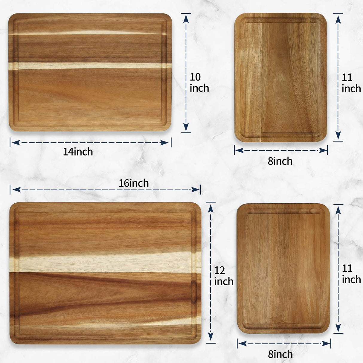 AZRHOM Large Wood Cutting Boards Set of 4 for Kitchen Cheese Charcuterie Board (Gift Box Included) Acacia Butcher Block with Non-slip Mats, Juice Groove and Handles (16x12, 14x10, double 11x8 inch) AZRHOM