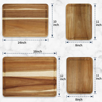 AZRHOM Large Wood Cutting Boards Set of 4 for Kitchen Cheese Charcuterie Board (Gift Box Included) Acacia Butcher Block with Non-slip Mats, Juice Groove and Handles (16x12, 14x10, double 11x8 inch)