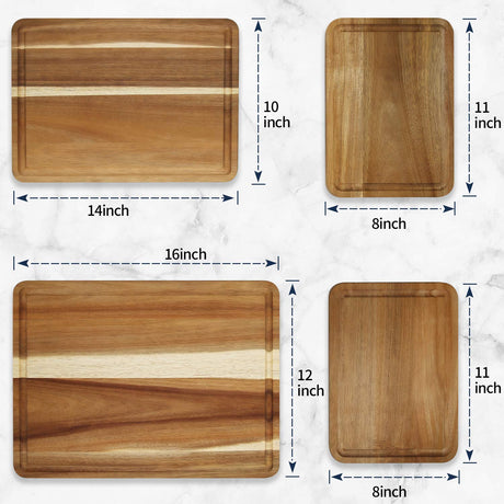 AZRHOM Large Wood Cutting Boards Set of 4 for Kitchen Cheese Charcuterie Board (Gift Box Included) Acacia Butcher Block with Non-slip Mats, Juice Groove and Handles (16x12, 14x10, double 11x8 inch) AZRHOM