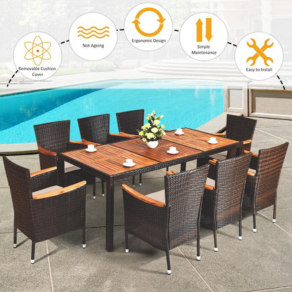 COSTWAY 9PCS Patio Rattan Dining Set 8 Stackable Chairs Cushioned Acacia Wood Table Top - WoodArtSupply