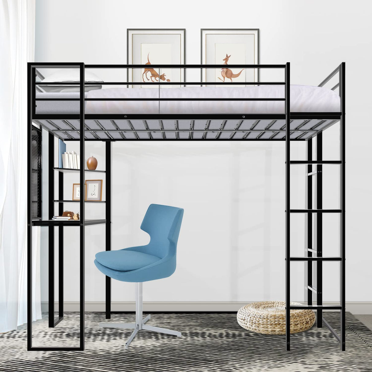 ADOVA Space-Saving Twin Loft Bed with Desk, Shelves, and Dual Ladders ADOVA