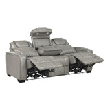 Lexicon Power Double Reclining Sofa, Center Drop-Down Table with Heat/Massage/Headrest/Storage Arms/Cup Holders/LED Lights/Wireless Charging, Top Grain Leather Match Wall Hugger Recliner Sofa, Grey Lexicon
