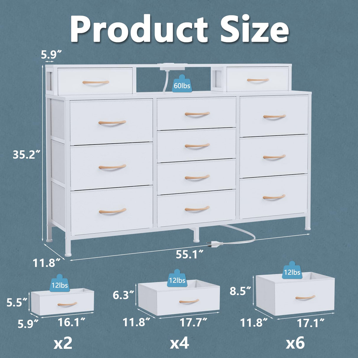 Furnulem White Dresser for Bedroom with LED Lights & Charging Station,55" Long Dressers & Chest of Drawers with 12 Storage Bins, Fabric Furniture for Closet,Hallway,2-Tier Shelf Wood Top,Metal Frame Furnulem