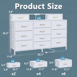 Furnulem White Dresser for Bedroom with LED Lights & Charging Station,55" Long Dressers & Chest of Drawers with 12 Storage Bins, Fabric Furniture for Closet,Hallway,2-Tier Shelf Wood Top,Metal Frame Furnulem