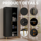 NOVAMAISON 69” Tall Storage Cabinet - Black Storage Cabinet w/ 2 Doors and Adjustable Shelves, Freestanding Kitchen Pantry w/Gold Handles and Legs, Wooden Wardrobe Cabinet for Bedroom, Laundry NOVAMAISON