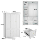 LABROSKIA Armoire Wardrobe Closet with 3 Drawers: 74" White Wardrobe Closet with 3 Doors, Large Wardrobes Closets for Hanging Clothes, Bedroom Armoires and Wardrobes LABROSKIA