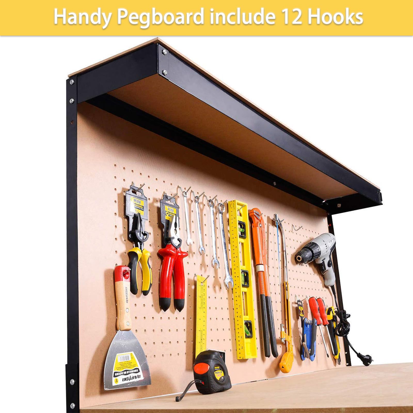 Heavy-Duty 63" Steel Workbench with Drawer & Pegboard - Versatile Tool Organizer, 300 lbs Capacity, Ideal for Workshops, Garages & Home Projects - WoodArtSupply