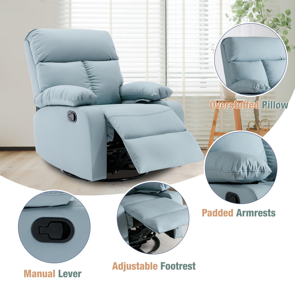 hzlagm Swivel Rocker Recliner, Rocking Recliner Chair, Small Rocker Recliners for Small Spaces, Living Room, Bedroom, Nursery, RV, Blue hzlagm