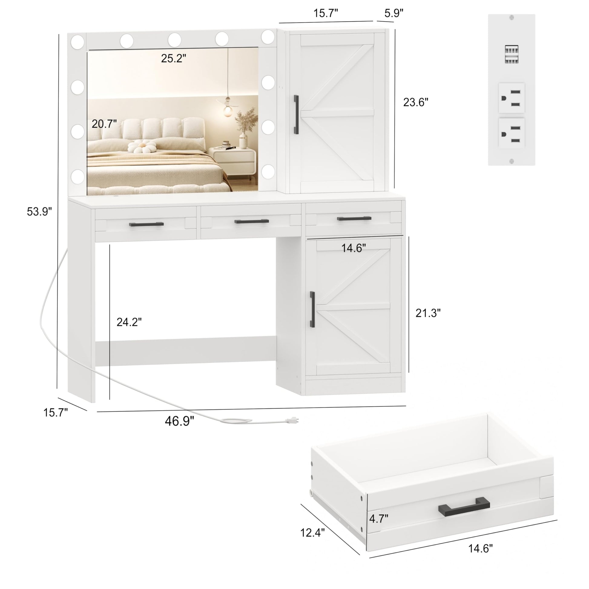 Rovaurx Vanity Table with Mirror & Lights, Farmhouse Makeup Vanity with 10 Necklace Hooks, Vanity Desk with Charging Station, 3 Color Lighting Modes, - WoodArtSupply