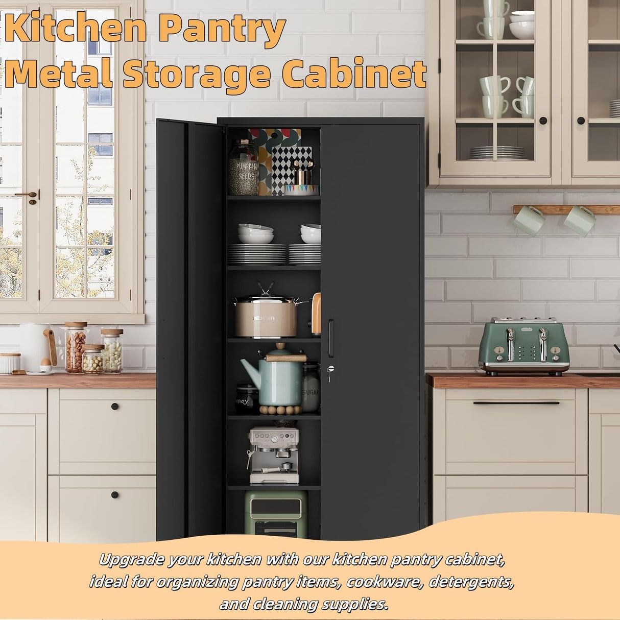 Oasecrilio Metal Storage Cabinet with 5 Adjustable Shelves, Garage Storage Cabinet with Lock, Kitchen Pantry Storage Cabinet, File Storage Cabinet, Filing Cabinets for Home Office, 71'H, Black Oasecrilio