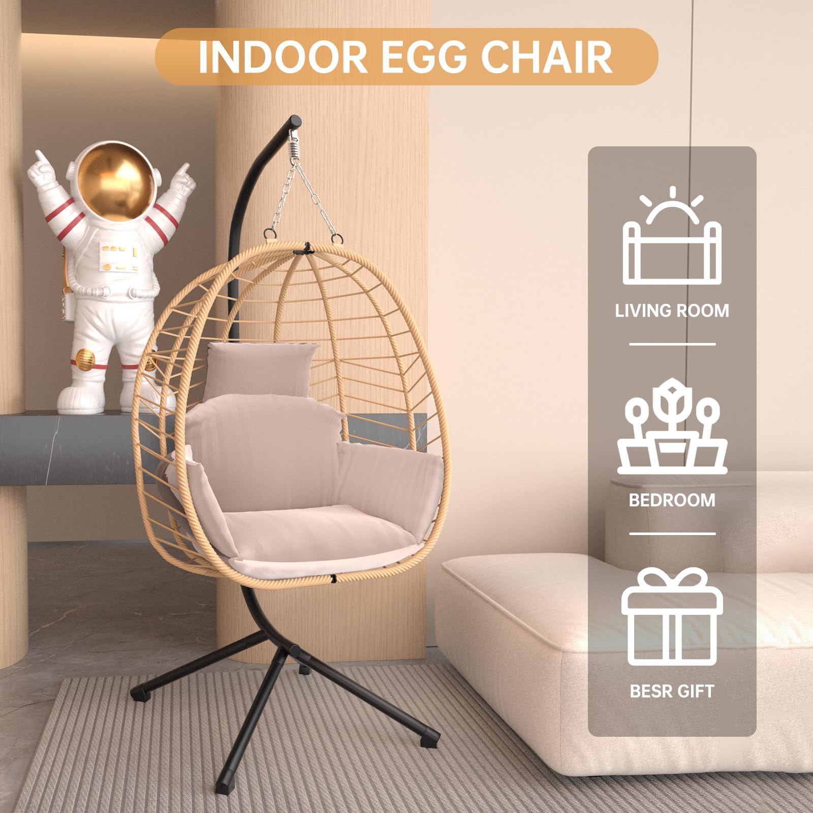 VARVIND Hanging Egg Chair with Stand Patio Hammock Swing Chair, Basket Wicker Rattan Adjustable Height UV Resistant Indoor Outdoor Use 350Lbs Beige Grey - WoodArtSupply