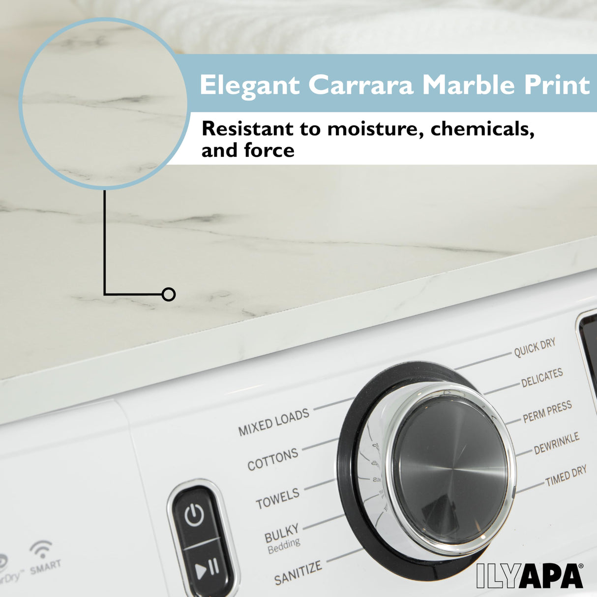 Ilyapa Washer Dryer Countertop - 27.5 x 54 inch Laundry Countertop, Washer and Dryer Covers for The Top, Laundry Room Organization and Storage, Carrera Marble High Pressure Laminate with Backsplash Ilyapa
