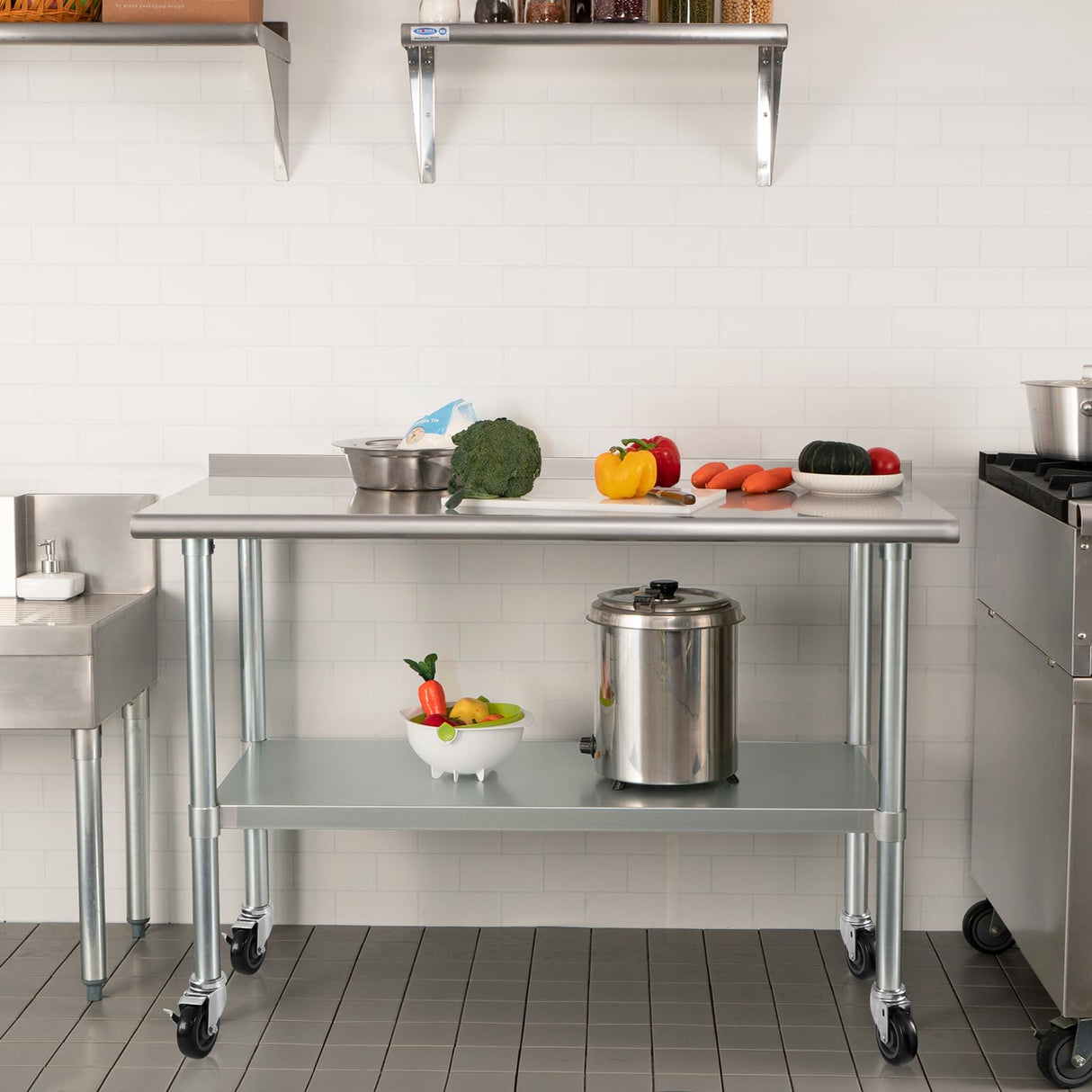 HARDURA Stainless Steel Table 24 x 60 Inches with Wheels Casters NSF Heavy Duty Commercial Prep Table with 2” Backsplash and Adjustable Undershelf for Restaurant Kitchen Home and Hotel HARDURA Restaurant Equipment
