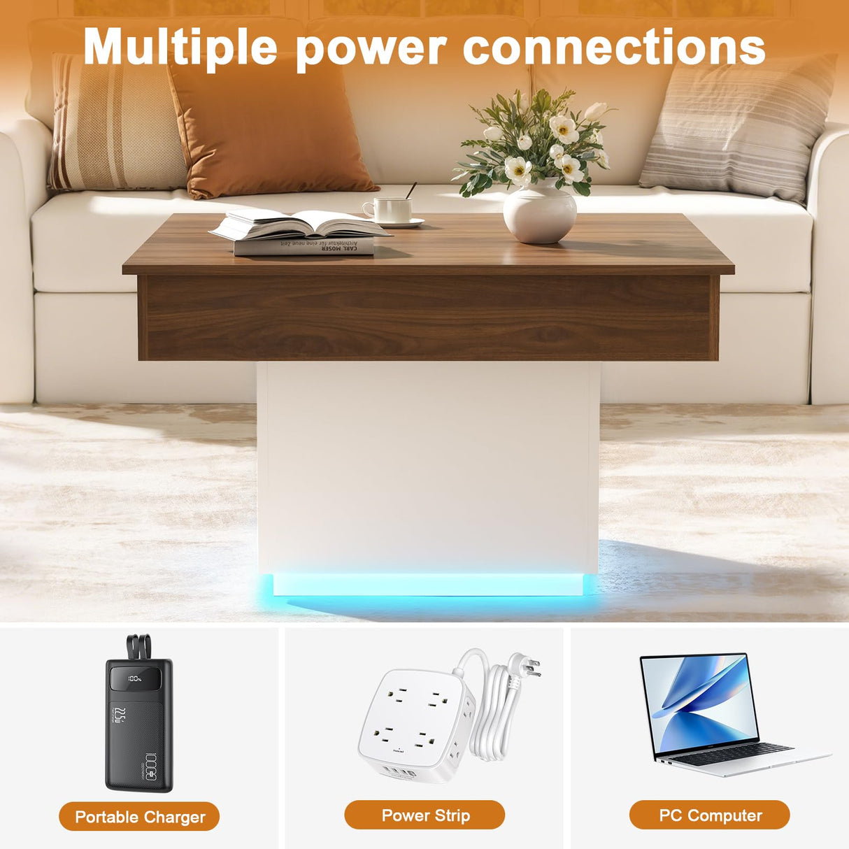 FABATO Lift Top Coffee Table with LED Light and Charging Station, 31.5 Inch Square Coffee Table with Hidden Storage, Modern Farmhouse Center Table for Living Room, Reception Dinning Room, White FABATO