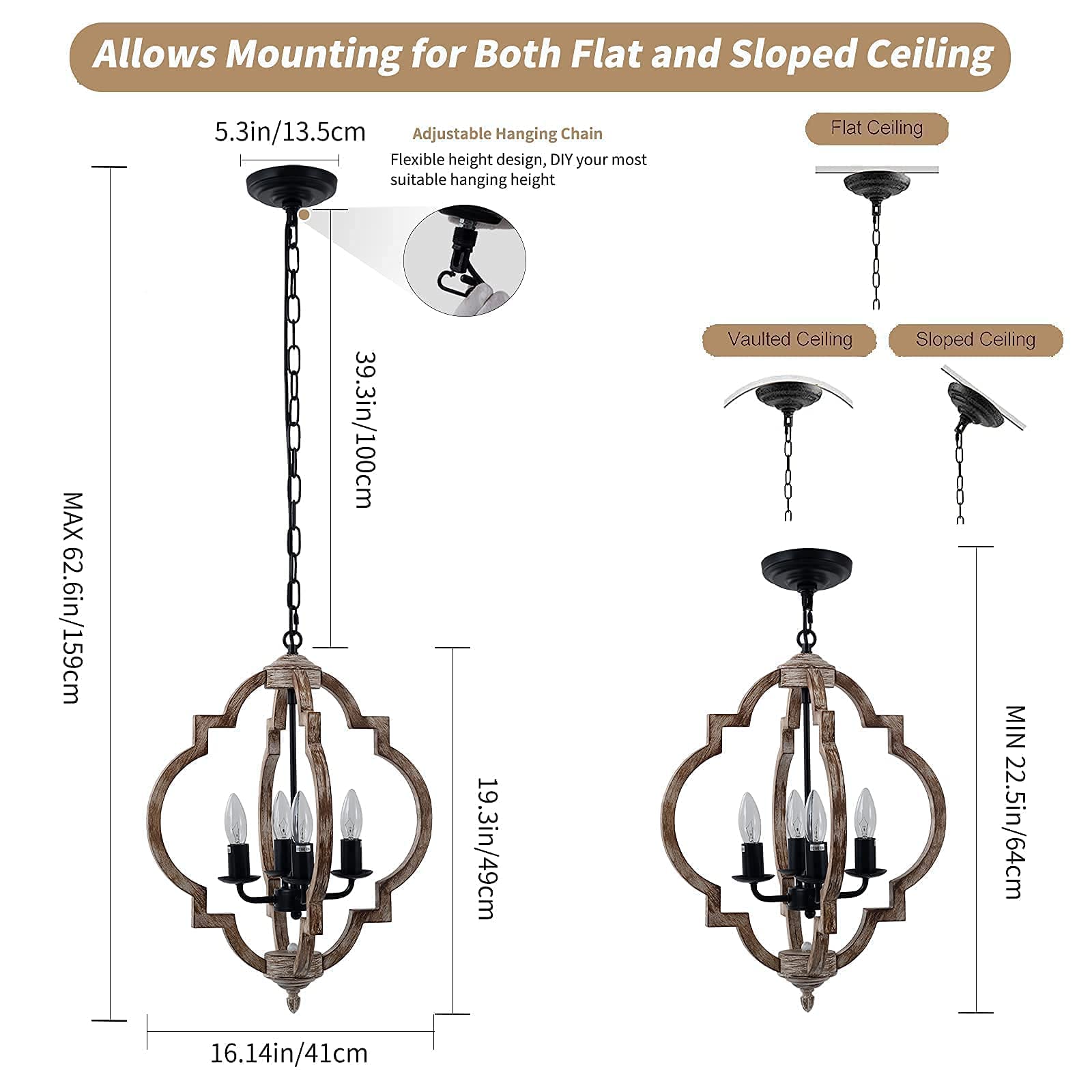 16.14" 4-Light Farmhouse Wood Chandelier, Rustic Orb Pendant Lighting Fixture with Adjustable Chain, Vintage Ceiling Hanging Lights for Foyer Entryway Dining Room Kitchen Island, Handmade Oak - WoodArtSupply