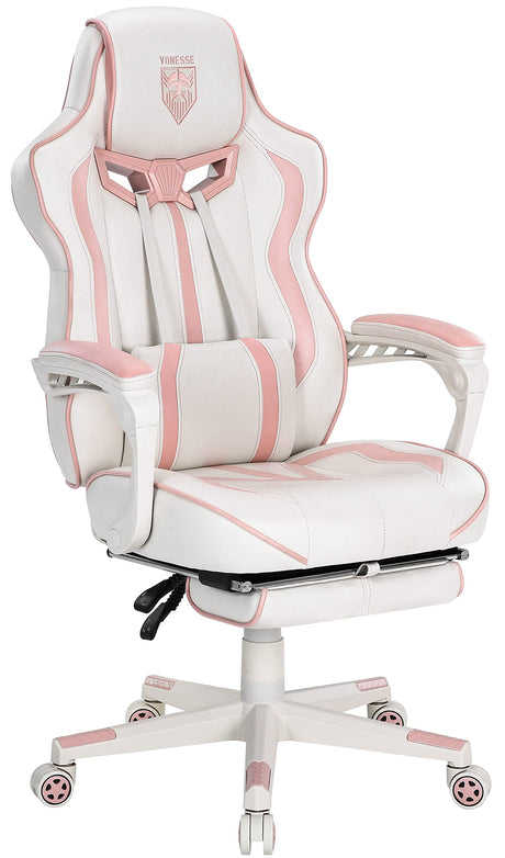 Vonesse Pink Gaming Chair for Girls, Pink Computer Gaming Chairs for Adults, Reclining Gamer Chair with Footrest with Massage, Ergonomic Home Office Gaming Chair High Back (White/Pink) Vonesse