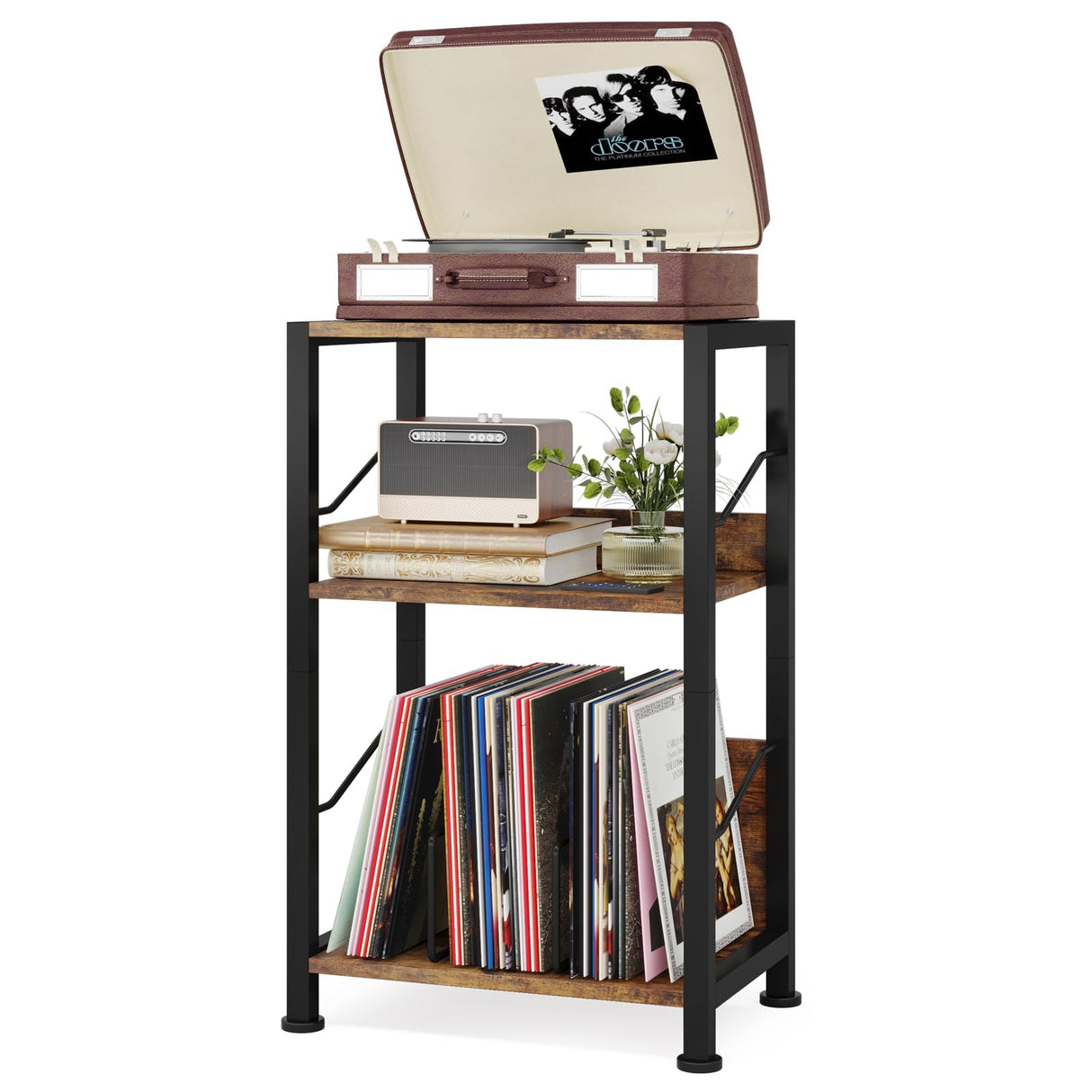 Hosfais 3-Tier Record Player Stand - Retro Vinyl Record Storage End Table Records for Living Room Bedroom (Rustic Brown) Hosfais