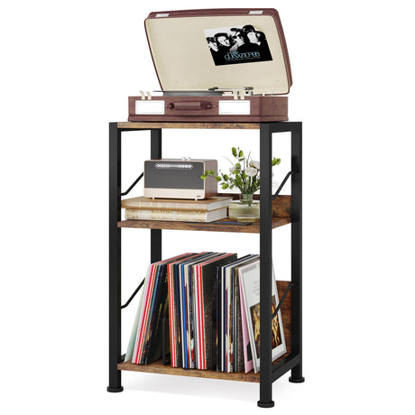 Hosfais 3-Tier Record Player Stand - Retro Vinyl Record Storage End Table Records for Living Room Bedroom (Rustic Brown) Hosfais