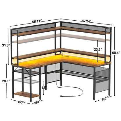 Unikito Reversible L-Shaped Desk with Power Outlets & RGB LED Light - Rustic Brown Corner Computer Desk for Home Office & Gaming - WoodArtSupply