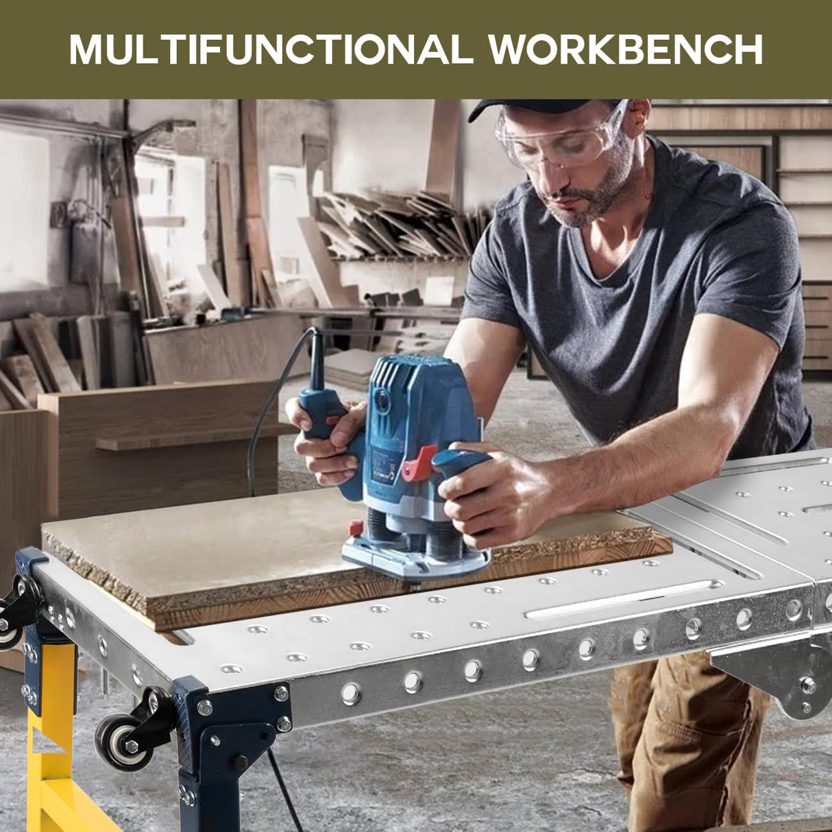 biosp Portable Steel Work Bench, Adjustable Height Welding Table with Folding Legs, Versatile Work Platform with Casters, Carrying Handle, 14 x 56-inch Tabletop, 1100 lbs Load Capacity biosp