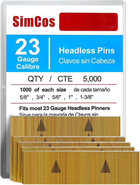 SimCos 23 Gauge Pinner Nails (5/8",3/4",5/6",1",1-3/8") assorted 5 sizes' Headless Pin Nails for 23 GA Pneumatic or Electric Pinner or pin gun,Project Pack (5000) SimCos