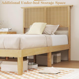 KOMFOTT Twin Size Wood Platform Bed Frame with Rattan Headboard, Boho Rubber Wood Bed Frame with Plywood Slats & Under-Bed Storage, Platform Bed Frame, Mattress Foundation, No Box Spring Needed KOMFOTT