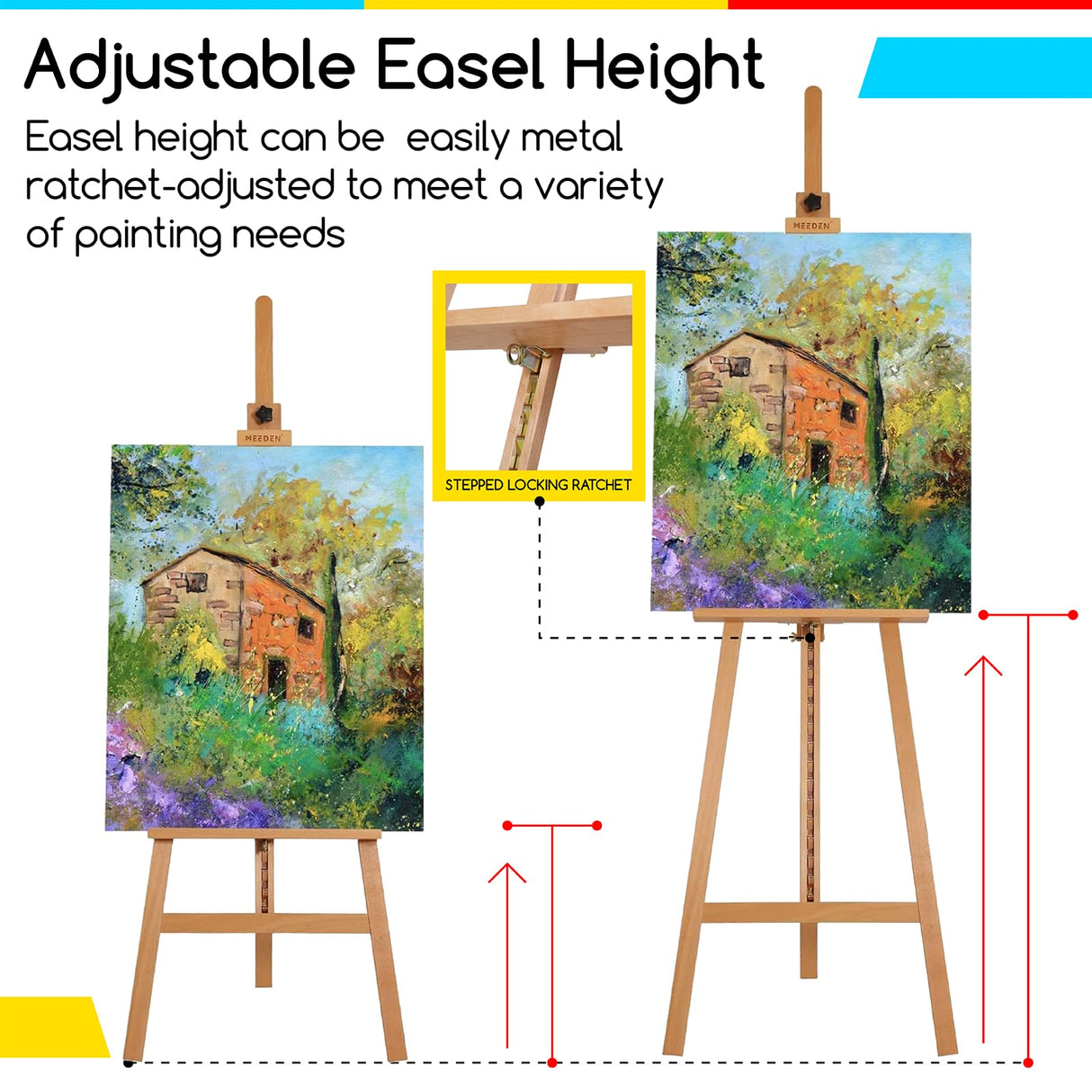 MEEDEN Painting Wooden Art Easel: Solid Beechwood Display Easel Stand Hold Canvas up to 43'' - Adjustable Easel from 57''-76" for Adults Student Studio Gallery - Natural MEEDEN
