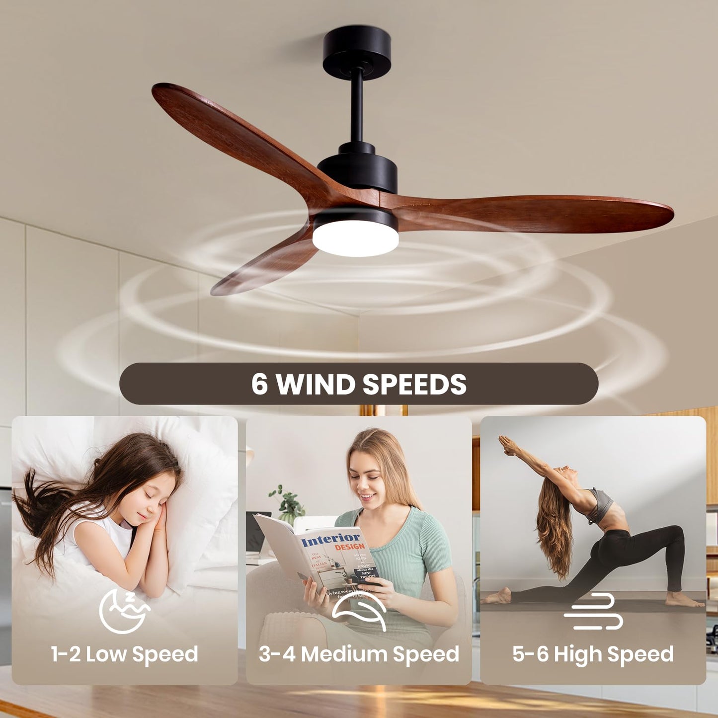 CROSSIO 52" Wood Ceiling Fan with Lights and Remote 3 Blades Modern Ceiling Fan 52inch Dark Brown Wood Fan Large Ceiling Fan with Lights Wooden Ceiling Fan for Bedroom Living Room Farmhouse Patio