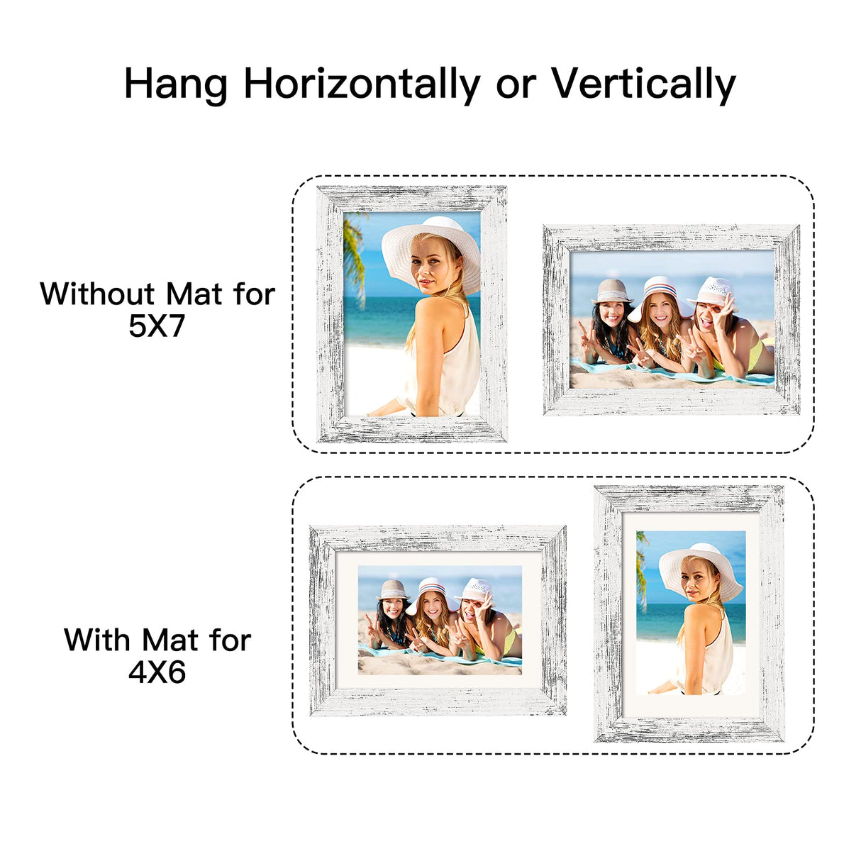 BAIJIALI 5x7 Picture Frame Distressed White Wood Pattern Set of 4 with Tempered Glass,Display Pictures 4x6 with Mat or 5x7 Without Mat, Horizontal and Vertical Formats for Wall and Table Mounting BAIJIALI