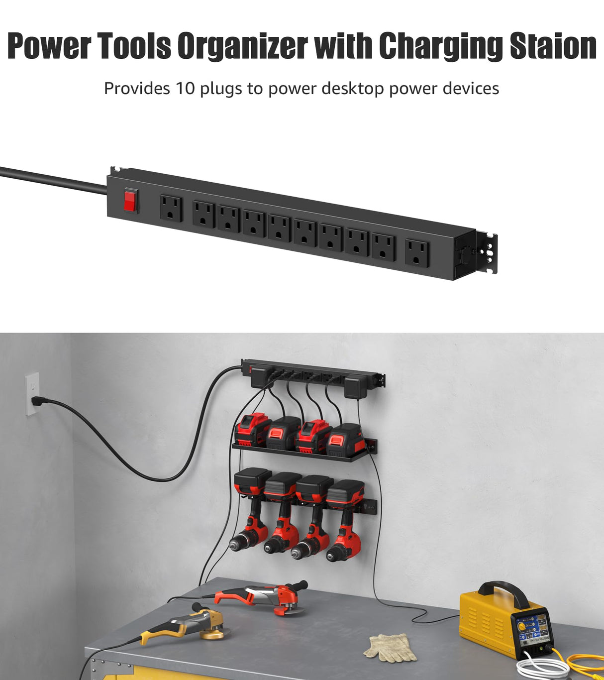 CCCEI 5PCS Individual Pegboard Strip with Power Outlet. Garage All Metal Wall Mount Mini Black Peg Board Set, for Drill and Tools Battery Holder Kit, Cleaning Supplies Cabinet Organizer. Gift for Men CCCEI