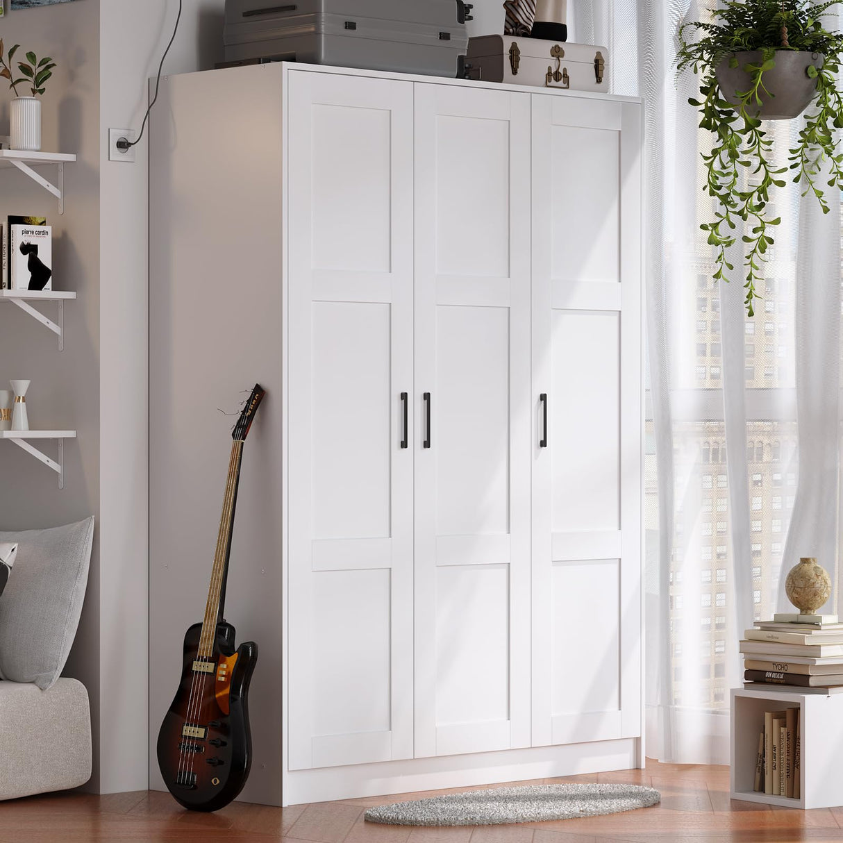 Fenghua Lizhi 3 Doors Wooden Wardrobe Closet Armoire, White Storage Cabinet for Hanging Clothes, Bedroom Large Capacity Freestanding Armoire,Wood Wardrobe Combination with Shelves (White) Fenghua Lizhi