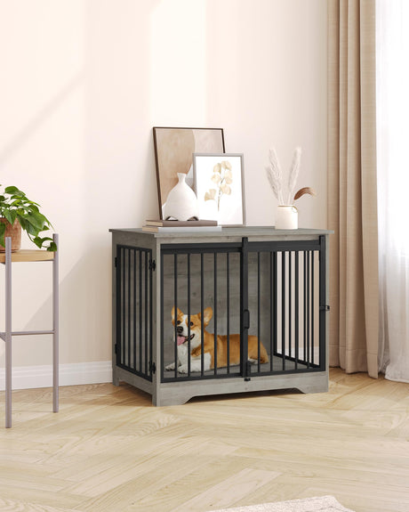 Hzuaneri Dog Crate Furniture, 32" Double Door Dog Crate with Barn Door, Dog Kennel Indoor, End Side Table Wooden Dog Crate for Small Medium Large Dog, Anti-Chew Anti-Escape, Greige Black DFC83605B Hzuaneri