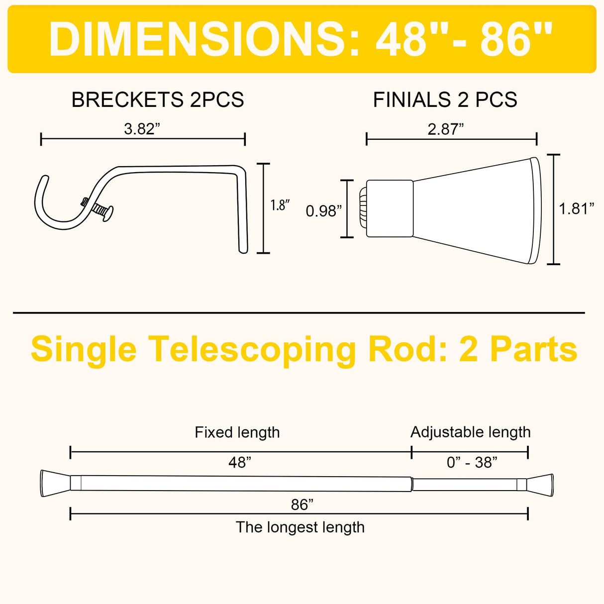 NICETOWN Curtain Rod with Wooden Taper Ends for Windows, 3/4 Inch Diameter 48-86 inches Long Drapery Window Curtain Rod Set, Modern Drapery Treatment Window Curtain Rod with Adjustable Design, White NICETOWN