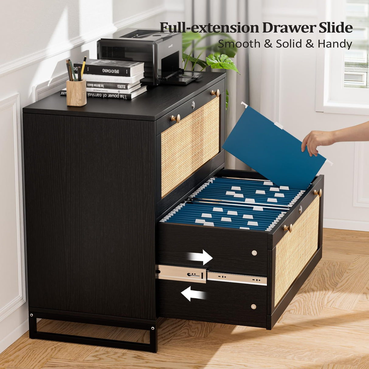 VINGLI Black Rattan 2 Drawer Lateral File Cabinet with Lock, Wood Locking File Cabinets for Home Office, File Cabinet Printer Stand for Hanging Letter/Legal Size Labeled Folders, Oak, 30W x 16D x 28H VINGLI