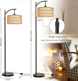QIYIZM Floor Lamp for Living Room Bedroom with Remote Boho Rattan Arc Standing Lamp Dimmable Black Farmhouse Wicker Bamboo Lamp Shade Floor Light Adjustable Tall Lamp Industrial Floor Lamps Bohemian QIYIZM