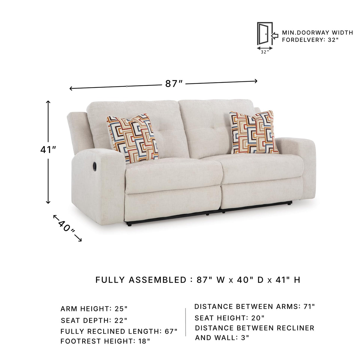 Signature Design by Ashley Danum Modern Tufted Manual Reclining Sofa with 2 Accent Pillows, Beige Signature Design by Ashley