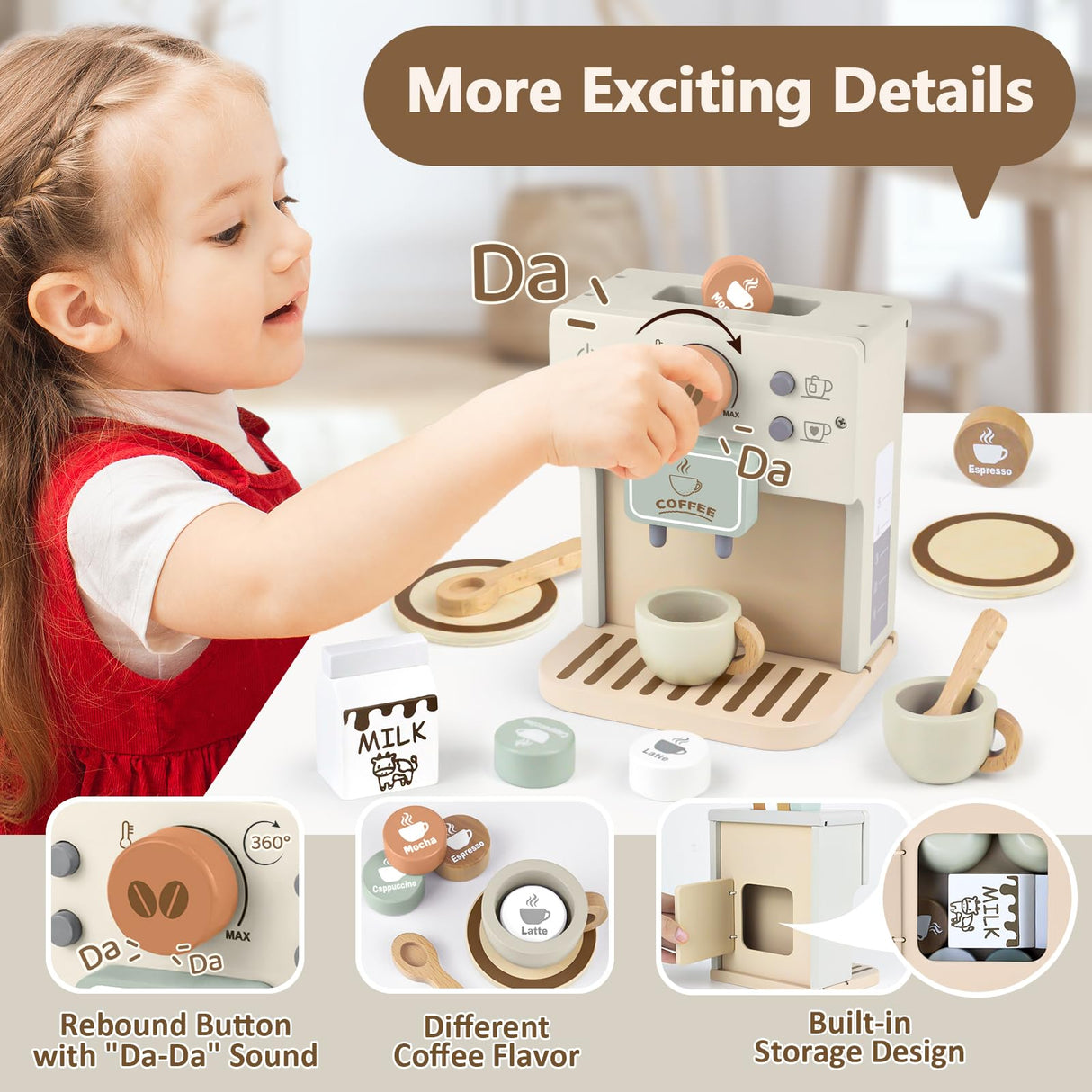 Airlab Toy Coffee Maker for Kids Wooden Kitchen Accessories Pretend Play Toddler Coffee Playset for Girls Boys Ages 3 4 5 Years Birthday Gifts Airlab