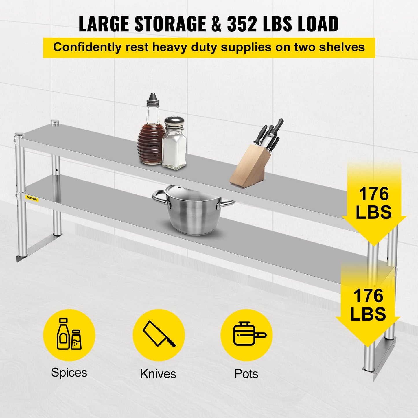 VEVOR Double Overshelf, Double Tier Stainless Steel Overshelf, 72 in Length x 12 in Width Double Deck Overshelf, Height Adjustable Overshelf for Prep & Work Table in Kitchen, Restaurant and W - WoodArtSupply