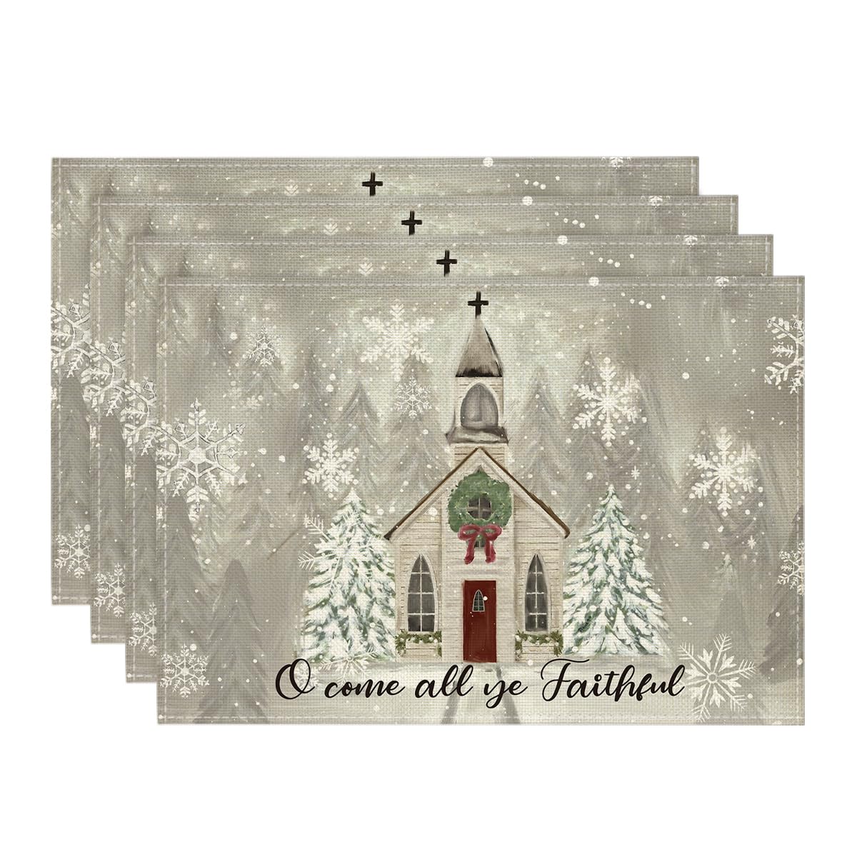 Artoid Mode Church Xmas Trees Snowflakes Merry Christmas Placemats Set of 4, 12x18 Inch Winter Table Mats for Party Kitchen Dining Decoration Artoid Mode