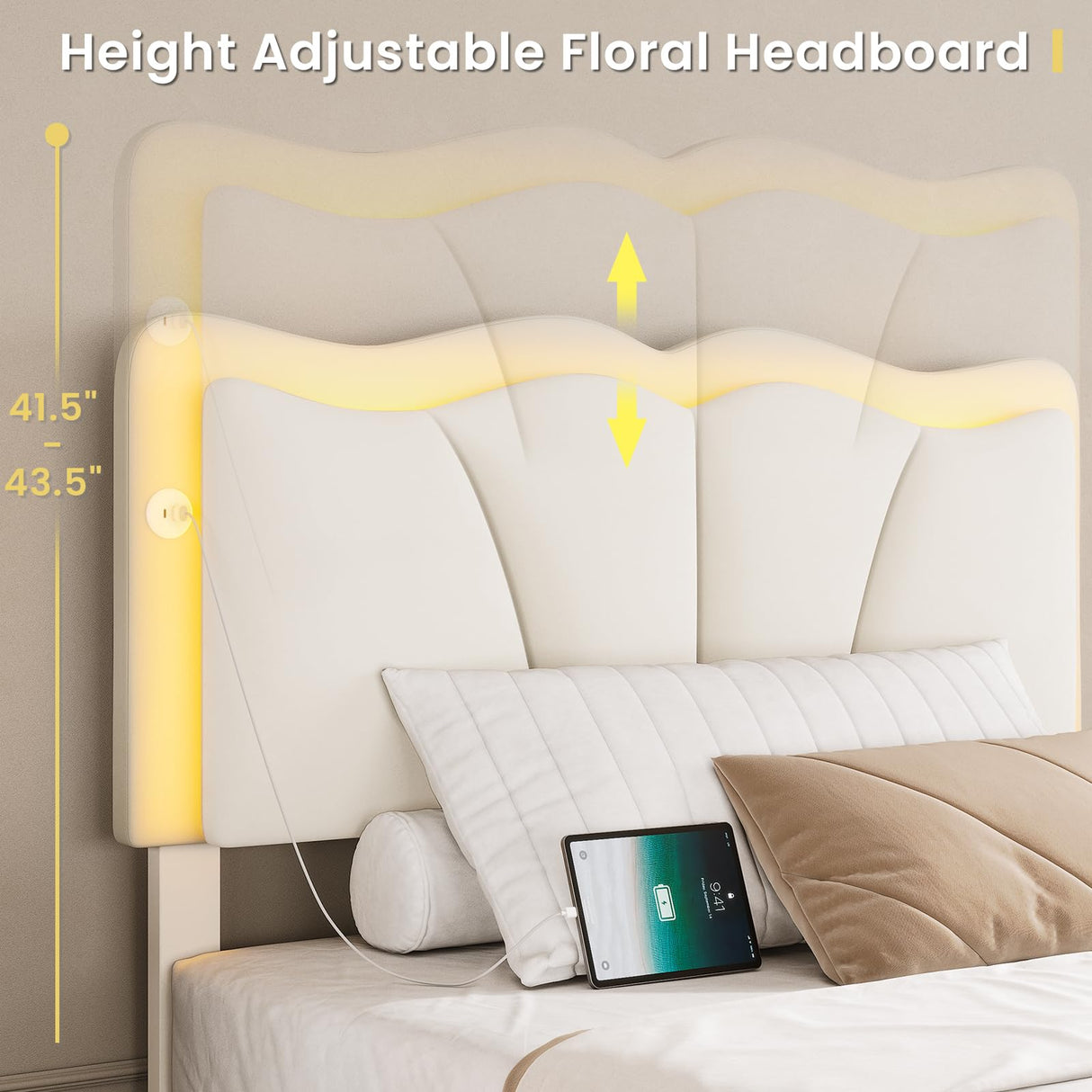 MSmask Twin Bed Frames with 4 Storage Drawers and LED Lights, Velvet Upholstered Platform Bed Frame with Height Adjustable Headboard, LED Bed Frame with Type C & USB, No Box Spring Needed, White MSmask