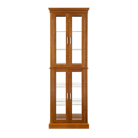 Royard Oaktree Lighted Curio Cabinet Wooden Display Cabinet with Adjustable Tempered Glass Shelves Vintage Accent Storage Cabinet with Mirrored Back & Tempered Glass Doors, Oak Royard Oaktree