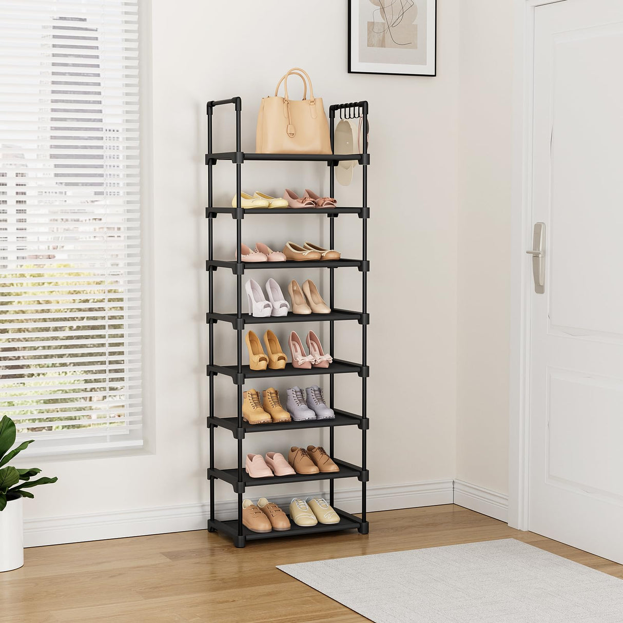 LANTEFUL Tall Shoe Rack 8 Tiers, 16-20 Pairs Shoe and Boots Organizer Storage Sturdy Shoe Shelf, Narrow Vertical Shoe Rack for Entryway, Closet, Metal Shoe Organizer with 5 Hooks LANTEFUL