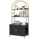 Homhedy Cat Litter Box Enclosure, Litter Box Furniture Hidden with 2-Tier Storage Shelves, Wooden Cat Washroom Furniture with Metal Frame, Cat House, Modern Style, Black and Gold Homhedy